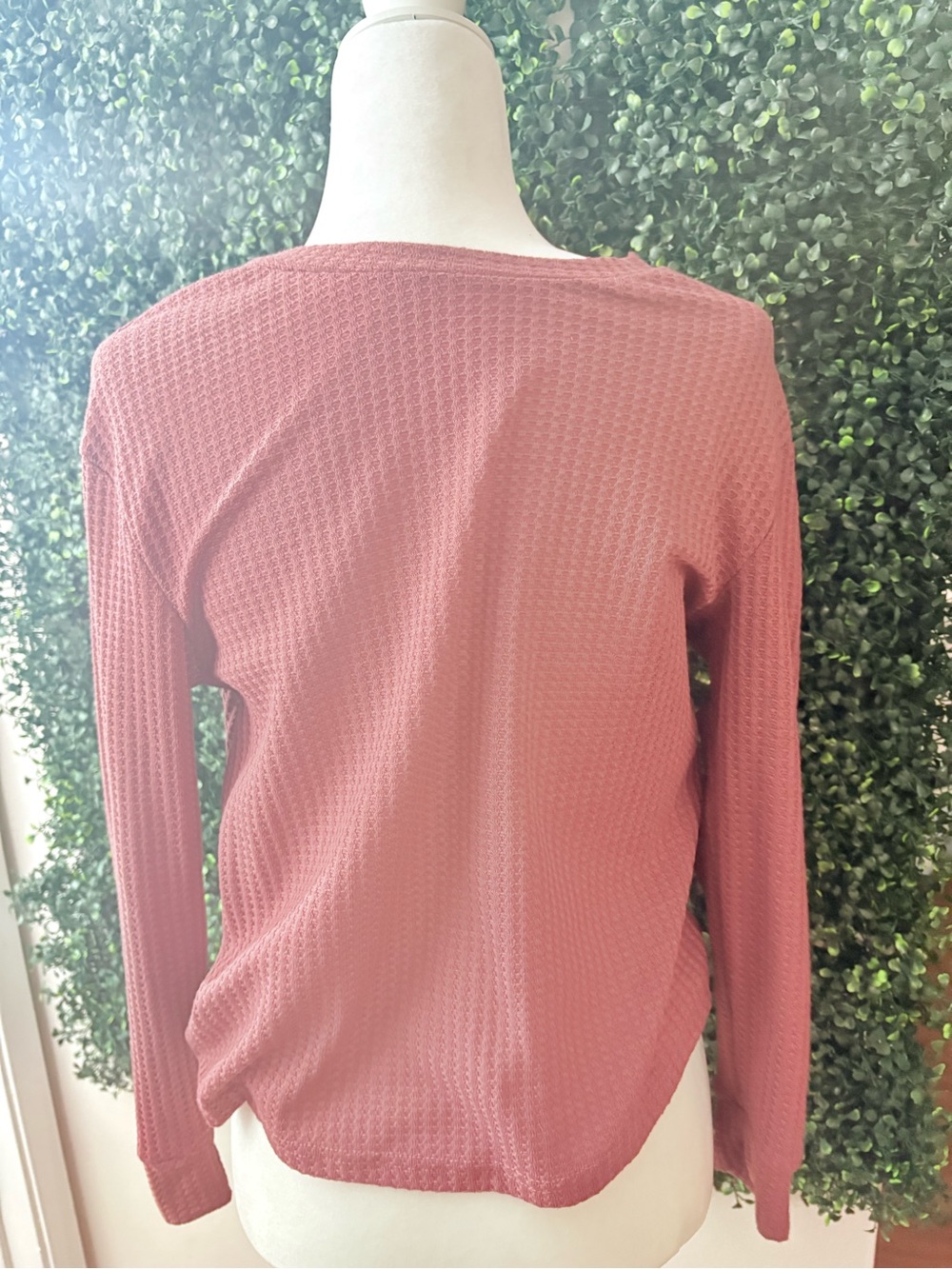 Waffle-Knit Long Sleeve Tee in Rust